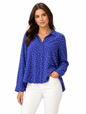 100% Silk Blue Button Down-White Horse Print